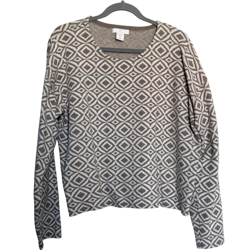 Halston Geometric Knit Sweater XL Beige Diamond Print Cabincore CoastalGrandma